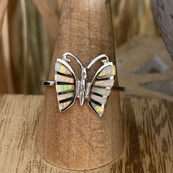 White Opal Butterfly Sterling Silver Ring Size 9 - Picture 6 of 7